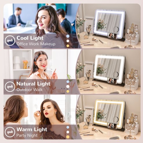 HOMCOM Vanity Mirror with Lights, 63x50 cm Lighted Makeup Mirror with 3 Colour Lighting Modes, 10X Magnifying, USB Charging Port, Phone Holder, 360 Degree Rotation, Touch Screen, for Dressing Table