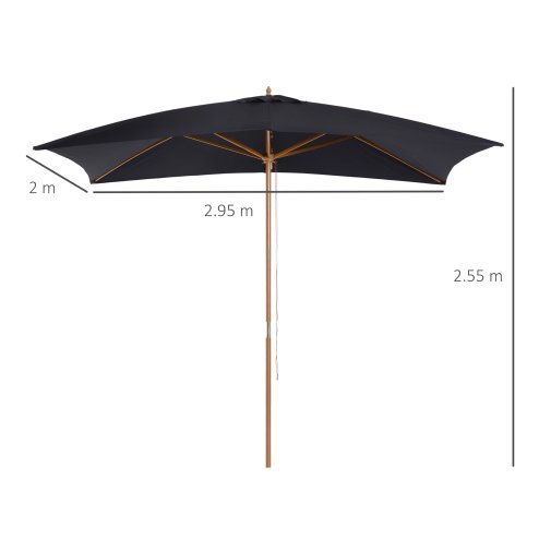 Outsunny 2 x 3m Wooden Garden Parasol Umbrella Outdoor Sun Shade Canopy, Table Market Umbrella with Vent, 38 mm Pole, Rope Pulley Mechanism, Black