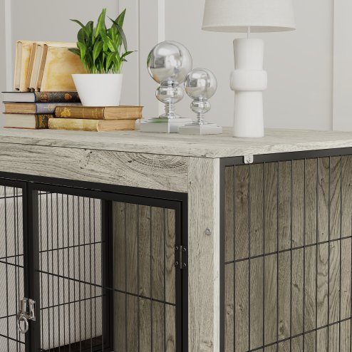 PawHut Dog Crate Furniture on Wheels, Dog Cage End Side Table with Lockable Double Doors, for Large Breeds, 100 x 60 x 73.5cm, Grey