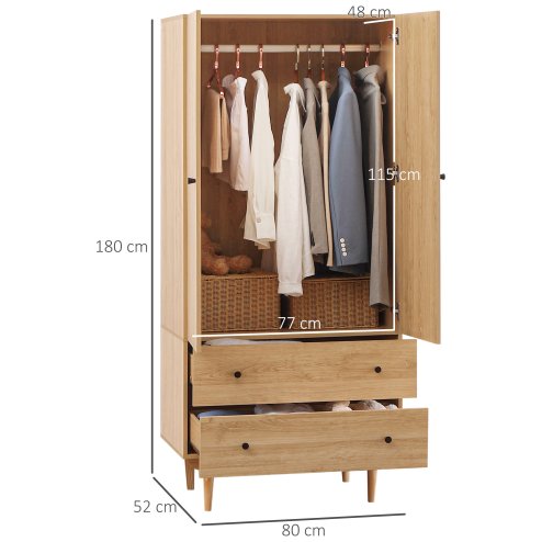 HOMCOM 2 Door Wardrobe with 2 Drawers, Hanging Rail, Anti-tipping Design for Bedroom Clothes Storage Organiser, Natural Wood Colour