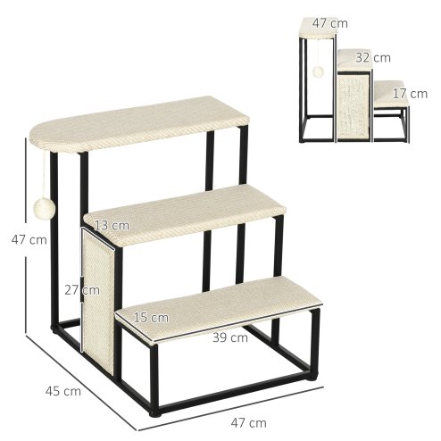 PawHut 3 Steps Dog Stairs, Pet Steps for Cat for Sofa and Bed with Sisal Scratching Board, Hanging Toy Ball, 47 x 45 x 47cm - Cream White