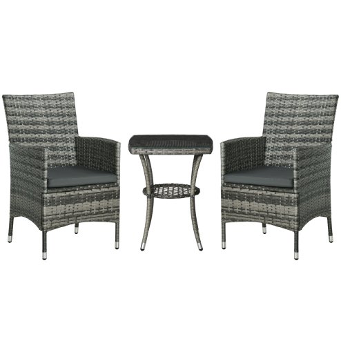 Outsunny 3 Pieces Rattan Bistro Set, Wicker Garden Furniture Set with 2-Tier Coffee Table and Chairs, Washable Cushions, for Outdoor Patio Balcony, Mixed Grey
