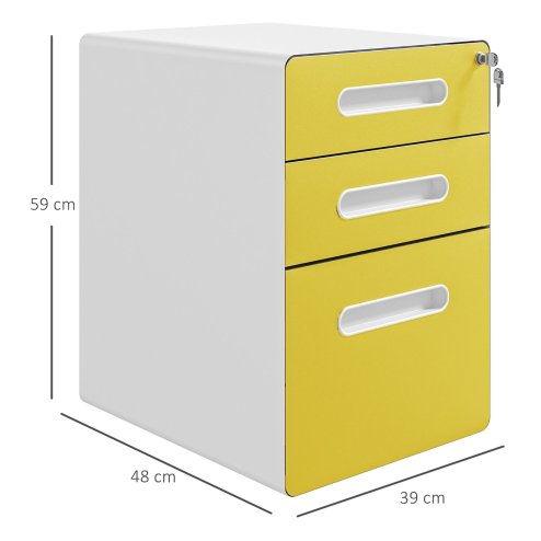 Vinsetto Lockable File Cabinet with 3 Drawers, Vertical Office Drawer for A4, Letter, Legal Size, Anti-tilt Design, Pre-Assembled Body, Yellow