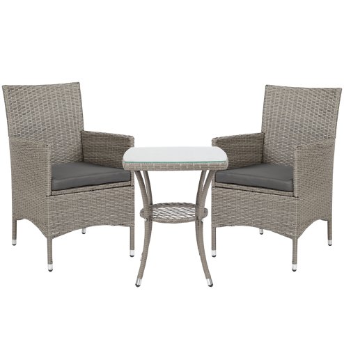 Outsunny 3 Pieces Rattan Bistro Set, Wicker Garden Furniture Set with 2-Tier Coffee Table and Chairs, Washable Cushions, for Outdoor Patio Balcony, Grey Image