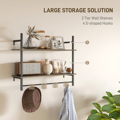 HOMCOM Floating Shelves, 80CM Wall Mounted Shelf with 4 Hooks, Rustic Wood Display Shelf for Living Room, Entryway, Bedroom, Grey
