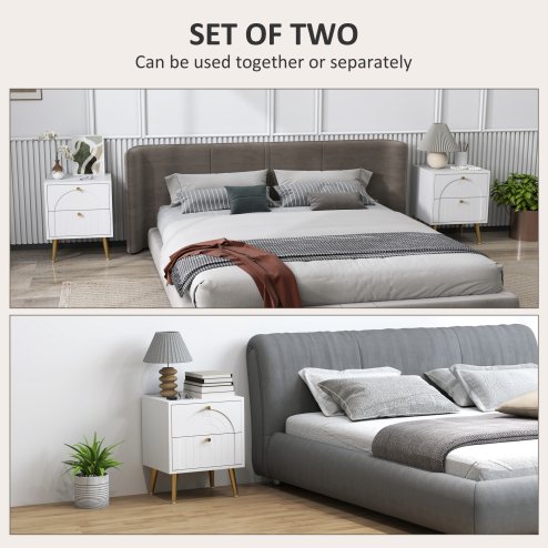 HOMCOM Bedside Table Set of 2, Modern Bedside Cabinets with 2 Drawers and Steel Legs, Side Tables for Living Room, Bedroom, 40 x 35 x 50 cm, White