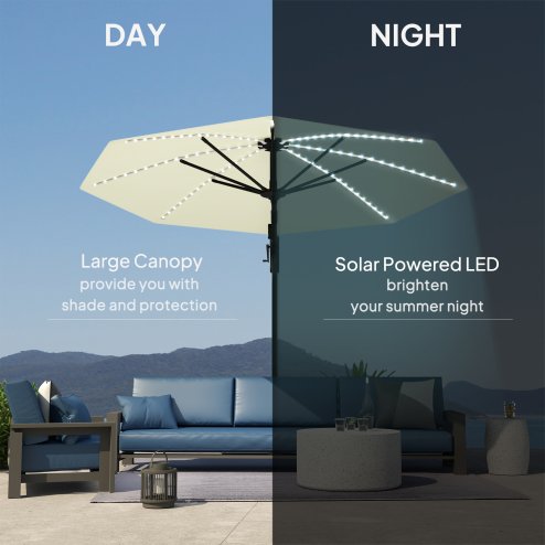 Outsunny 3(m) Cantilever Garden Parasol with Solar Powered Lights, Fibreglass Ribs, Crank Handle & Cross Base, UPF 50+, 360 Rotation, Overhanging Patio Umbrella for Patio Market, Cream