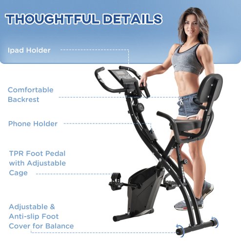 HOMCOM 2-in-1 Folding Exercise Bike, Foldable Stationary Bike with 8-Level Adjustable Magnetic Resistance, Arm Resistance Band, Pulse Sensor and LCD Monitor, Black