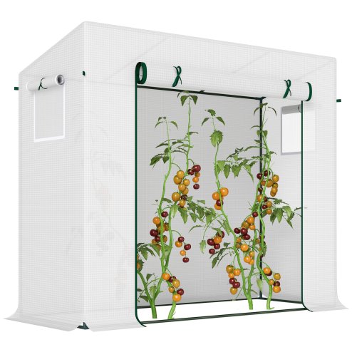 Outsunny Tomato Greenhouse Walk-in Garden Greenhouse with Pent Roof, Roll-up Door, Mesh Window for Plants Flowers Herbs Grow, 200 x 76 x 168 cm, White