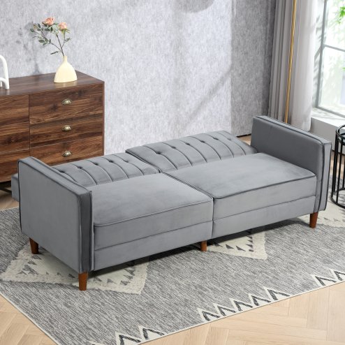 HOMCOM 3 Seater Velvet Sofa Bed, 189cm Click Clack Sofa Bed, Button Tufted Sleeper Couch with Split Reclining Backrest and Rubber Wood Legs
