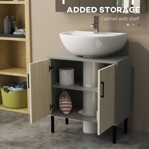 kleankin Under Sink Cabinet, Bathroom Sink Cabinet, Floor Basin Storage Cupboard with Double Doors and Shelf, 60 x 30 x 60 cm, Natural Tone