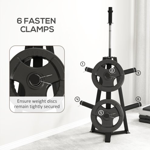 SPORTNOW Weight Rack, Weight Tree for 5cm Weight Plates and Barbell Bar with 6 Fasten Clamps for Home Gym Storage, 300kg Capacity