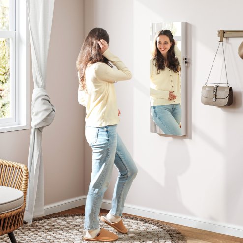 HOMCOM Jewellery Cabinet with LED Lights, Door Hanging or Wall Mounted Full Length Mirror with Storage, Lockable Jewellery Organiser, White Surface and Black Lining