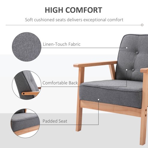 HOMCOM Accent Chair, Linen Fabric Armchair, Occasional Chair with Rubber Wood Frame for Living Room Reception Bedroom Balcony, Grey and Natural