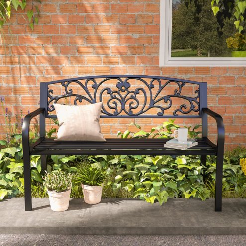 Outsunny Garden Bench, 2 Seater Metal Outdoor Bench Seat, Patio Loveseat with Armrests, Floral Backrest and Slatted Seat, 240 KG Capacity for Park, Porch, Black