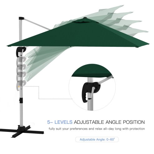 Outsunny 3 x 3(m) Cantilever Roma Parasol, Square Garden Umbrella with Cross Base, Crank Handle, Tilt, 360 Rotation and Aluminium Frame, Green