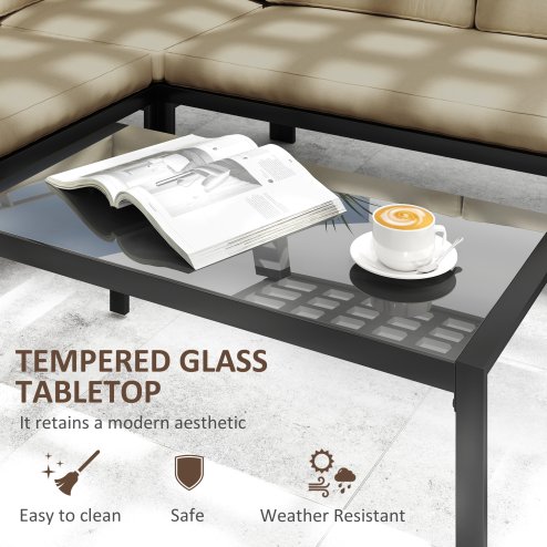 Outsunny 5 Seater Garden Corner Sofa Set, 4 Pieces Metal Garden Furniture Set with Loveseats, Glass Top Coffee Table, Breathable Mesh Pocket, Outdoor Conversation Furniture with Cushions, Khaki