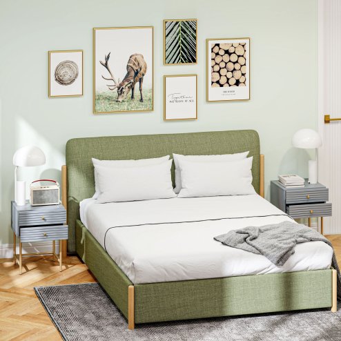 HOMCOM Bedside Tables Set of 2, Bedside Cabinet with 2 Drawers, Gold Steel Legs, Modern Side Table with Striped Panel for Bedroom, Living Room, Grey