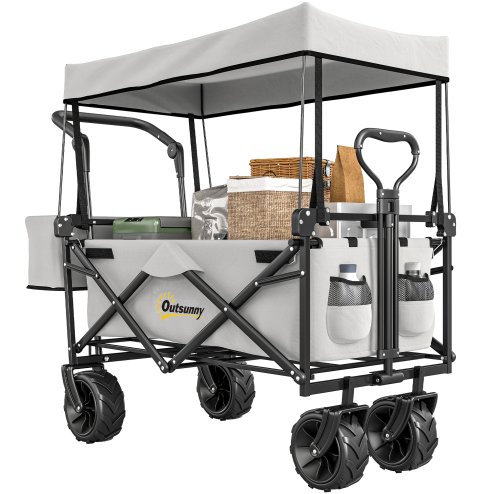 Outsunny 120L Festival Trolley on Wheels, Folding Camping Trolley Cart with Removable Canopy, All-Terrain Wheels, Adjustable Handle and Side Pockets for Garden Beach Fishing Shopping, Grey Image