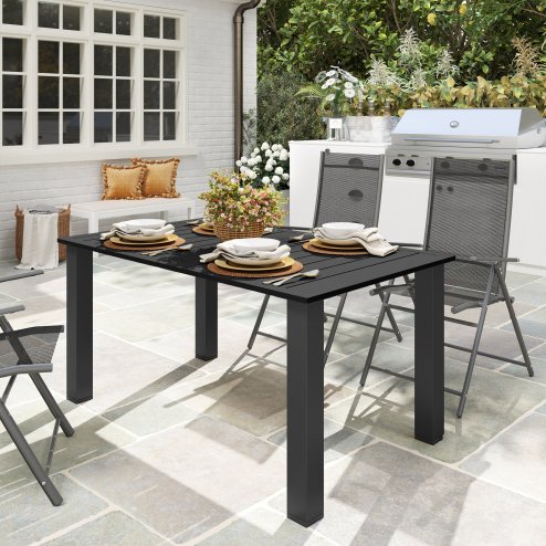 Outsunny Garden Table with Parasol Hole for 6 Person, Rectangle Outdoor Dining Table with Slatted Metal Tabletop, Steel Frame for Patio, Balcony, 150 x 90 x 73 cm, Black