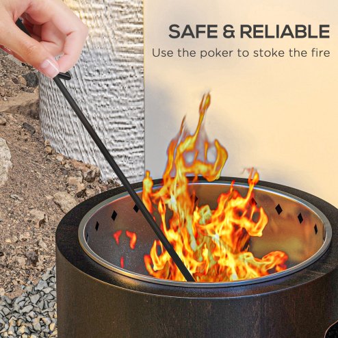 Outsunny Smokeless Fire Pit, 45cm Portable Wood Burning Firepit with Poker, Stainless Steel Liner for Garden Camping Bonfire Party, Metal, Black