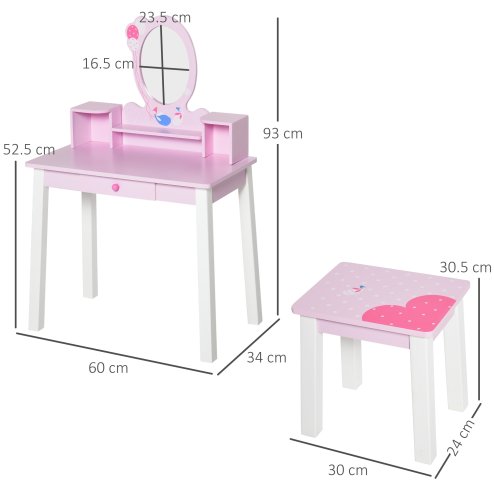 HOMCOM 2 PCS Kids Wooden Dressing Table and Stool Girls Vanity Table Makeup Table Set with Mirror Drawers Role Play Toy for Toddlers Age 3 Years +, Pink and White