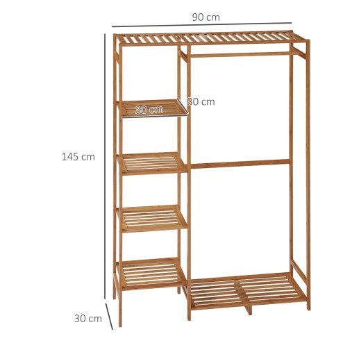HOMCOM Bamboo Clothes Rail for Bedroom, Garment Rack with 6-Tier Storage Shelf and Hanging Rod, Clothes Rack for Living Room, Entryway, Natural Wood Effect