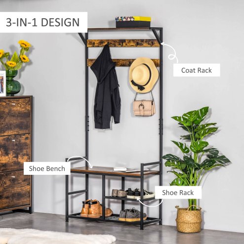 HOMCOM Coat Rack Stand Shoe Storage Bench with 9 Hooks Shelves for Bedroom Living Room Entryway Brown and Black 180cm