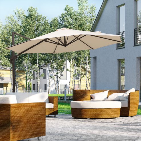 Outsunny 3M Cantilever Parasol, Hanging Garden Umbrella Sun Shade with 360 Rotation, Aluminium Frame, Cross Base, Hand Crank, Beige