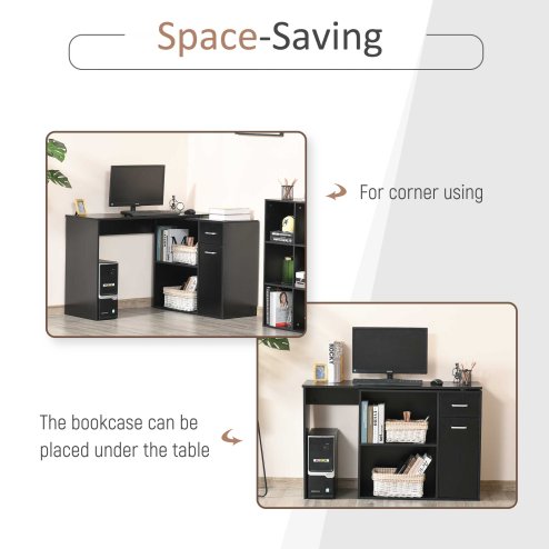 HOMCOM L-Shaped Desk, Corner Computer Desk, Adjustable Study Table with Storage Shelf, Drawer and Cabinet, Workstation for Home Offic