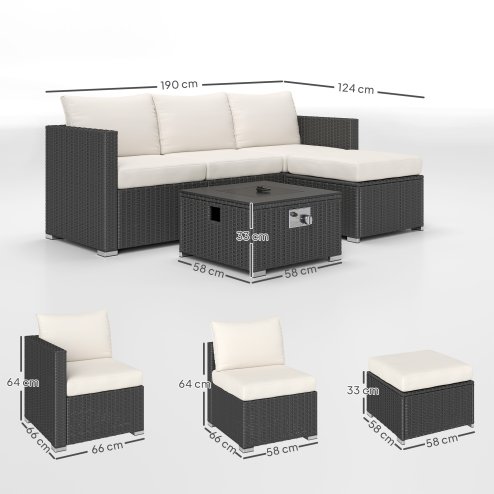 Outsunny 5 Piece Rattan Garden Furniture Set with Gas Fire Pit Table, 4 Seater Outdoor Sectional Sofa Set with Footstool and Removable Cushions, Modular Combination, Black and Cream White