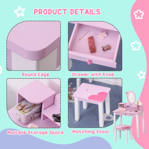 HOMCOM 2 PCS Kids Wooden Dressing Table and Stool Girls Vanity Table Makeup Table Set with Mirror Drawers Role Play Toy for Toddlers Age 3 Years +, Pink and White