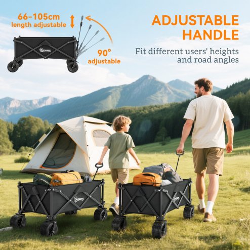 Outsunny 110L Festival Trolley on Wheels, Folding Camping Trolley Cart with Telescopic Handle, Carry Bag and All-Terrain Big Wheels, for Garden, Beach, Fishing, Black