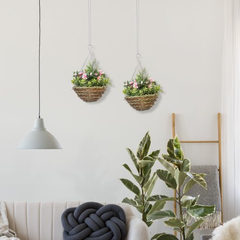 Outsunny Pack of 2 Faux Plant Artificial Lisianthus Flowers Hanging Planter with Basket for Indoor Outdoor Decoration, Pink