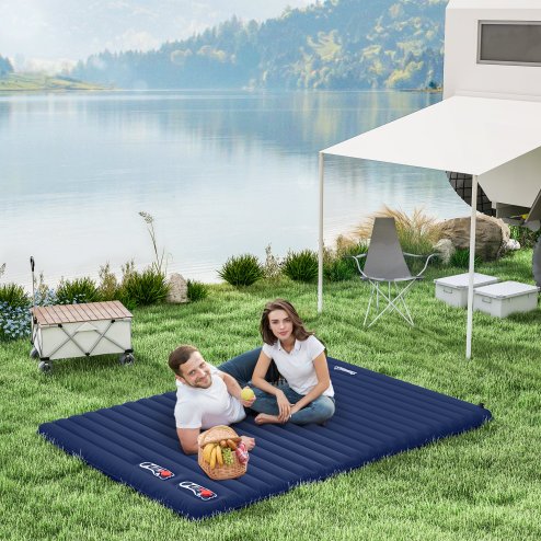 Outsunny 2 Person Camping Inflating Sleeping Mat Inflatable Mattress Ultralight Folding Bed Portable Air Bed for Outdoor Backpacking Hiking Travel - Navy Blue