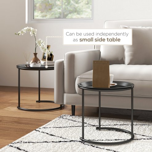 HOMCOM Nesting Tables Set of 2, Side End Table with Removable Tabletop Tray and Steel Frame for Living Room, Bedroom, Black
