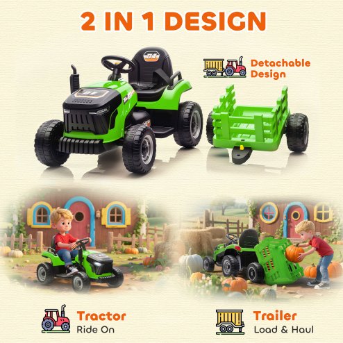 AIYAPLAY Ride on Tractor with Trailer, 12V Electric Vehicle with Remote Control, Ride on Car for Kids with Music, Shifter, Start-Up Sound for Ages 3-8 Years, Green