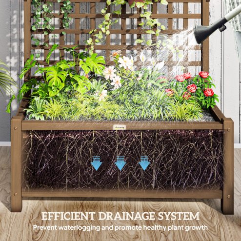Outsunny Wood Planter with Trellis for Climbing Plants, Raised Bed, Planter Box with Drainage Holes to Grow Vegetables, Herbs and Flowers for Garden, Patio, Yard, Brown