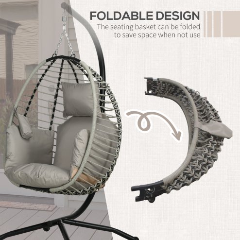 Outsunny Outdoor Swing Chair with Thick Padded Cushion, Patio Hanging Egg Chair with Metal Stand, Foldable Basket, Cup Holder, Rope Structure for Indoor & Outdoor, Grey