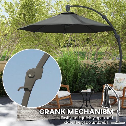 Outsunny 3(m) Garden Cantilever Parasol, Round Overhanging Umbrella with Crank Handle, Cross Base, Aluminium Frame and 360 Rotation, Banana Patio Umbrella for Outdoor Sun Shade, Grey