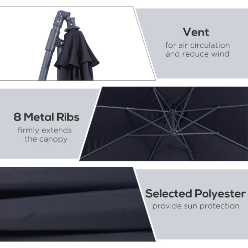 Outsunny 3(m) Garden Cantilever Parasol Patio Banana Hanging Umbrella Sun Shade with Crank and Tilt, 8 Ribs and Cross Base, Black