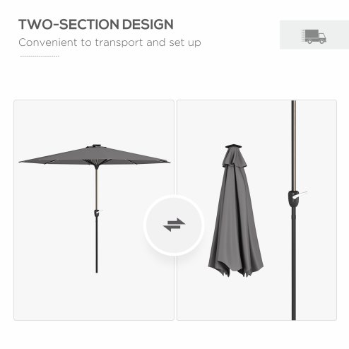 Outsunny 2.65m Garden Parasol with Lights, Solar Charged Warm Yellow LED Patio Umbrella with Crank Handle, for Balcony, Outdoor and Lawn, Charcoal Grey