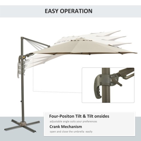 Outsunny 3(m) Cantilever Parasol 360 Rotation Roma Umbrella Hanging Sun Shade with Aluminium Frame, Tilt Crank, 8 Ribs and Cross Base, Khaki