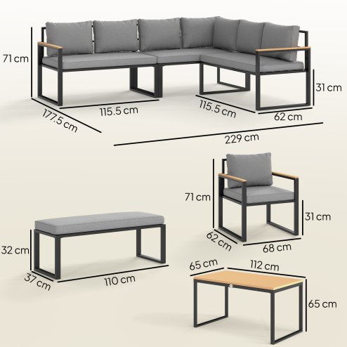 Outsunny 6 Piece L Shaped Garden Furniture Set, 9 Seater Outdoor Corner Sofa Set with 3 Loveseats, Bench, Chair, Wide and Deep Seats, WPC Top Coffee Table, Thick Cushions, Natural Wood Finish