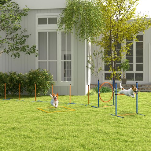 PawHut Dog Agility Equipment Set, 8 Piece Outdoor Agility Kit w/ Weave Poles, Adjustable High Jump Ring, Hurdle, Pause Box, Tennis Balls, Whistle, Training Shorts, Carrying Bag, for Dogs - Orange Image