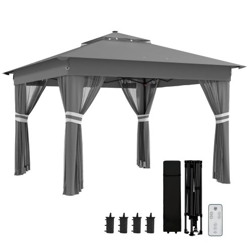 Outsunny 3 x 3(m) Pop Up Gazebo with Sides, 20 Solar-Powered LED Lights, Netting, Roller Bag, 4 Weight Bags, Marquee Party Tent, Height Adjustable Instant Event Shelter, Grey
