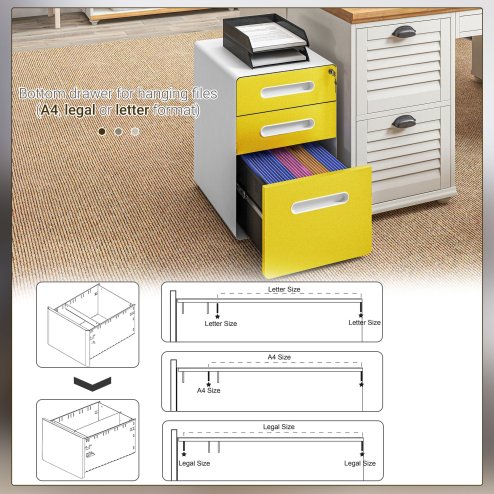 Vinsetto Lockable File Cabinet with 3 Drawers, Vertical Office Drawer for A4, Letter, Legal Size, Anti-tilt Design, Pre-Assembled Body, Yellow