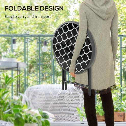 Outsunny ??45cm Garden Side Table, Outdoor Round Folding Patio Table with Imitation Marble Glass Top, Small Coffee Table, Black and White