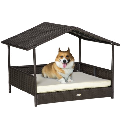 PawHut Wicker Dog Bed, Elevated Rattan Dog House with Removable Cushion and Canopy, for Small and Medium Dogs, 98 x 69 x 70cm - Cream