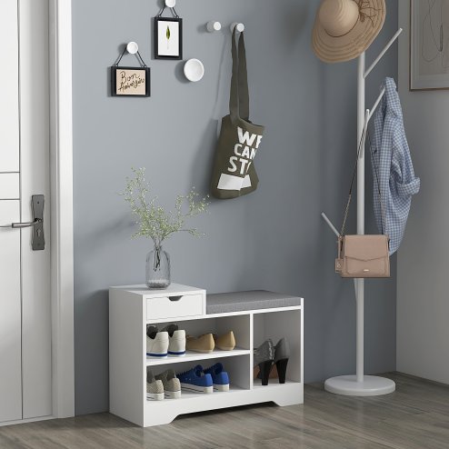 HOMCOM Shoe Storage Bench, Shoe Rack Bench with Seating Cushion, Drawer, 3 Open Compartments and Table Top for Entryway, Hallway